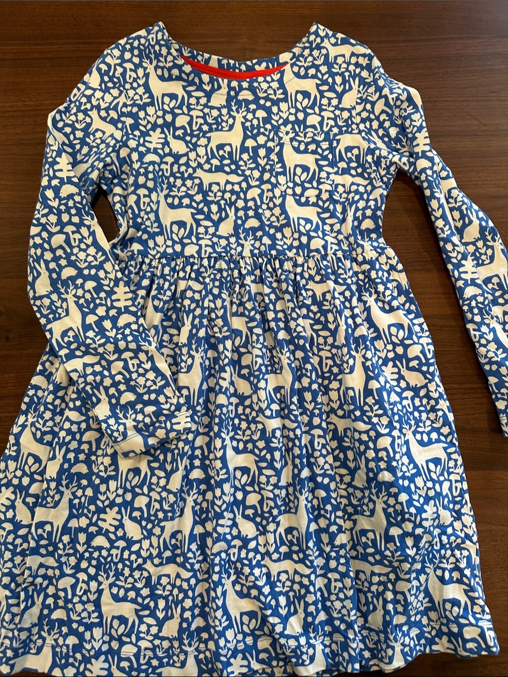 Mini Boden Cream & Blue Deer Print Long Sleeve Dress